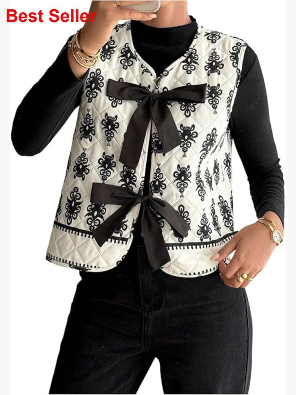 Polyester Puffer Vest with Front Bow Tie, Quilted Down Coat
